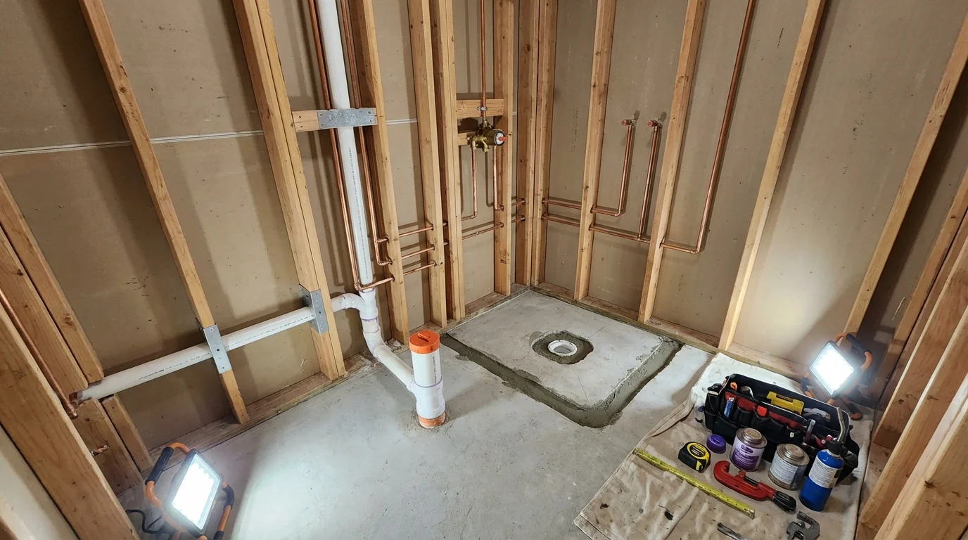 Bathroom rough-in plumbing during remodel by Johns Plumbing LLC in Robesonia