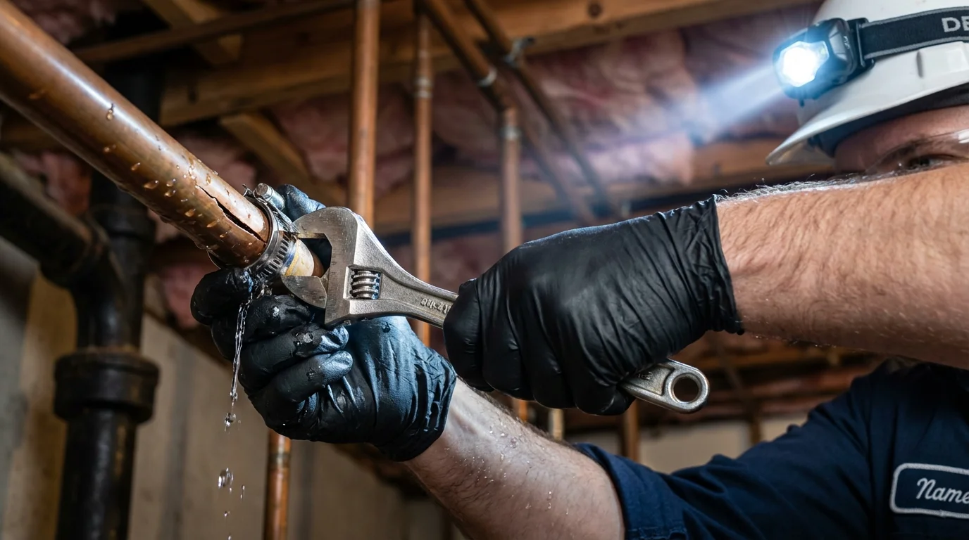 Emergency pipe clamp repair being performed by a Johns Plumbing LLC plumber in Robesonia