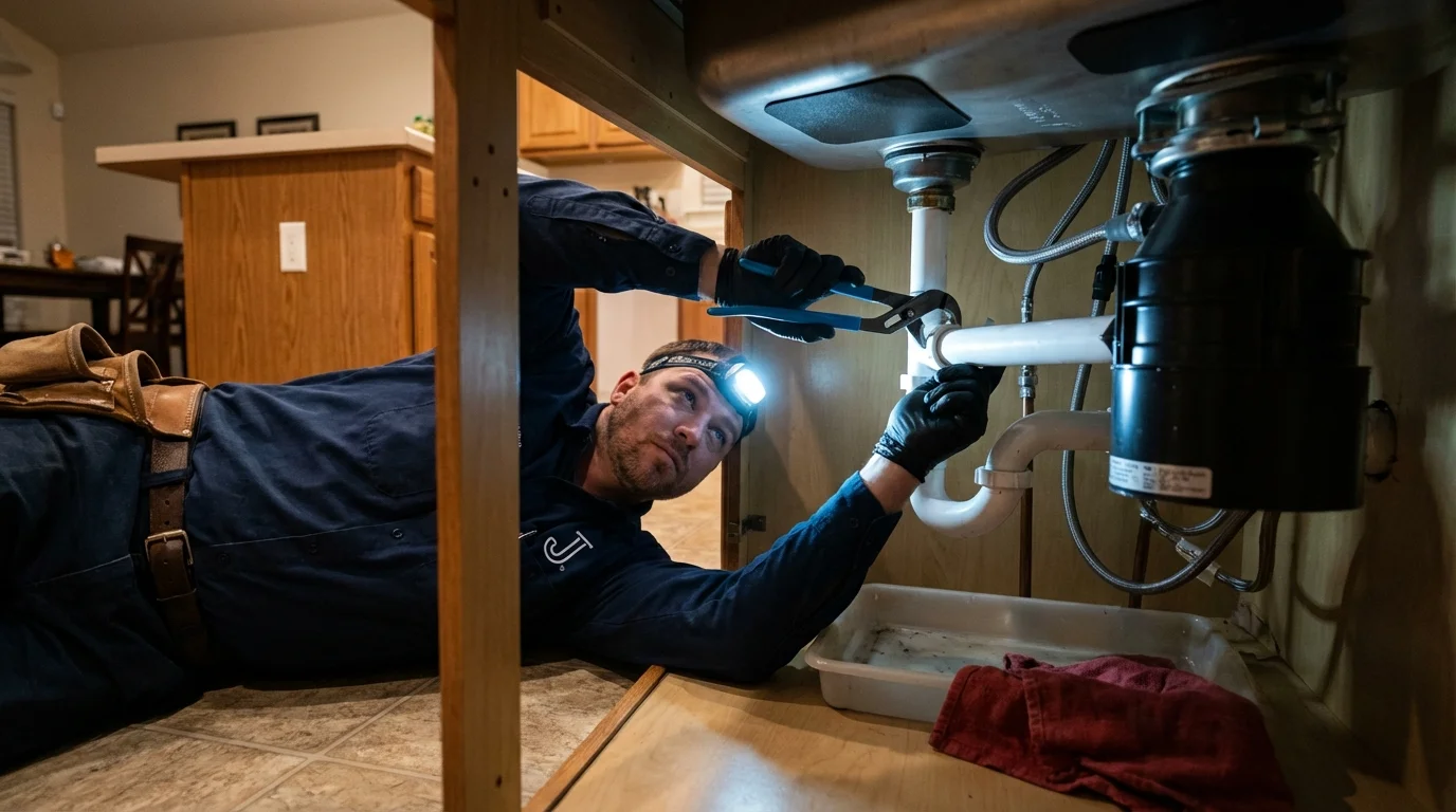 P-trap and supply line connections under a kitchen sink showing a common leak point in Robesonia, PA